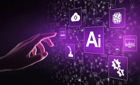 "Teacher using AI tools on a laptop to create engaging online lessons and enhance student learning in a virtual classroom."