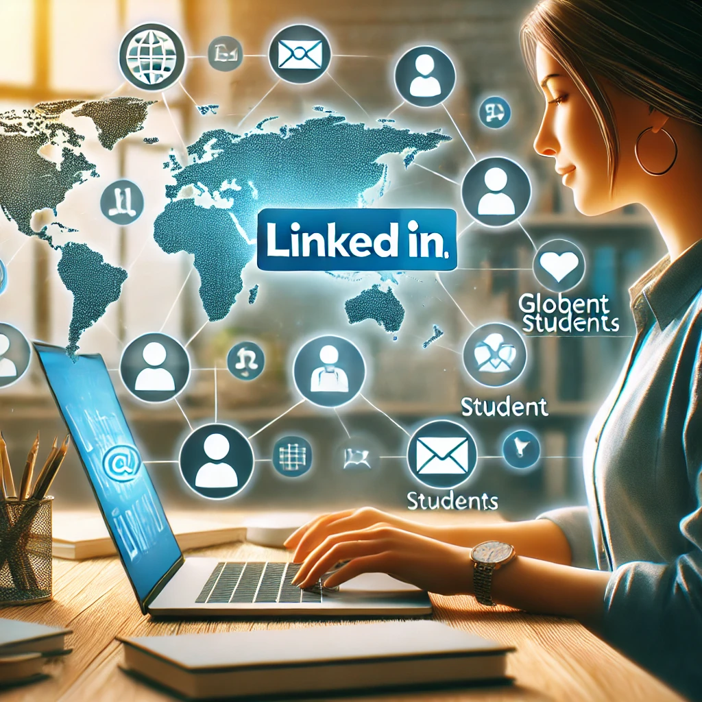 A teacher browsing LinkedIn on a laptop, connecting with global students through professional networking icons and a modern workspace