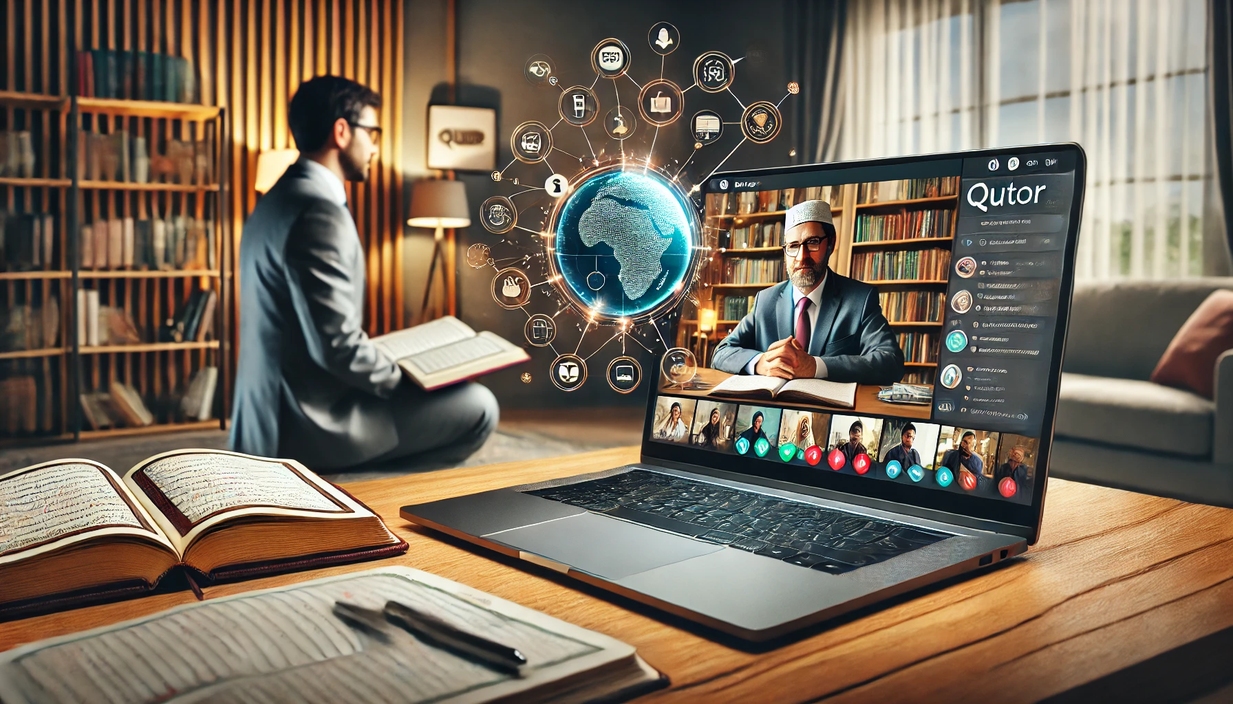 Online teacher using Qutor.com for a Quran session, symbolizing the shift from offline to online teaching.