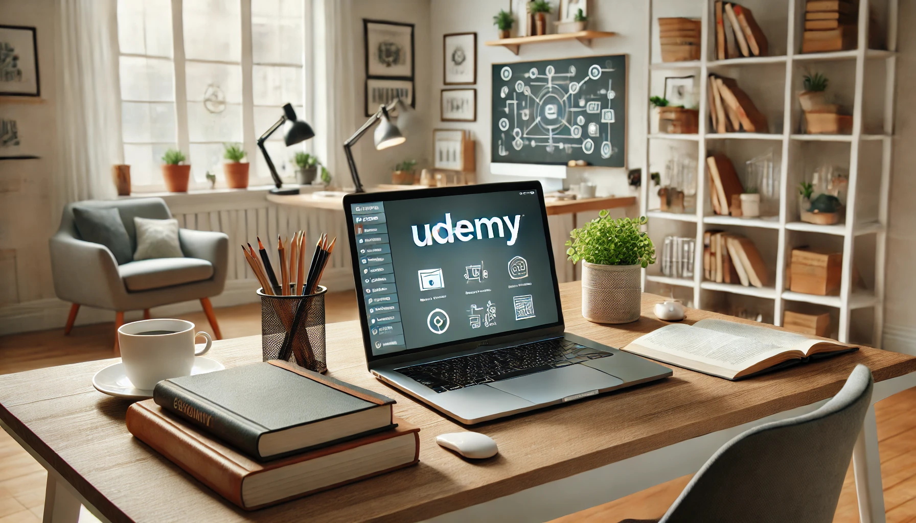 Online tutor recording a video lesson with a laptop and microphone, showcasing Udemy's platform for course creation