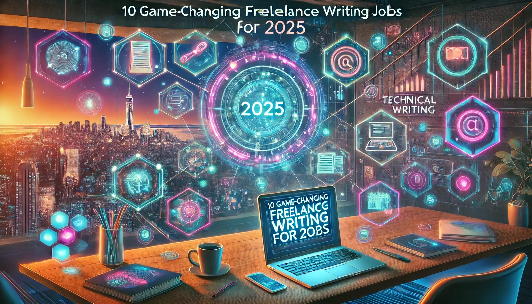 A modern workspace featuring a sleek laptop, a notebook with handwritten notes, a coffee cup, and a futuristic digital overlay representing emerging freelance writing opportunities for 2025.