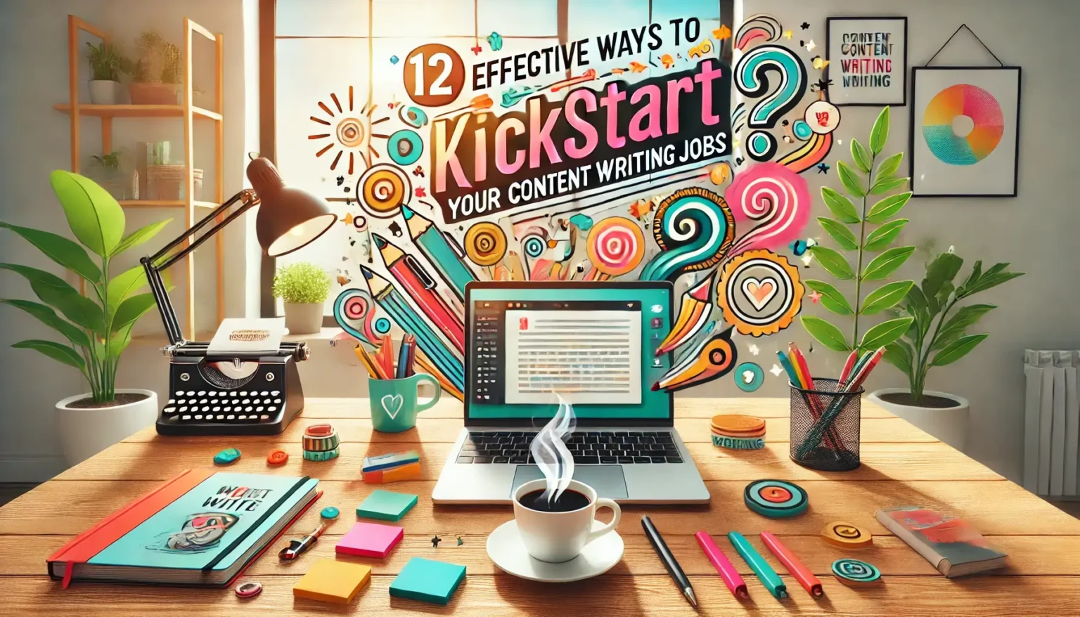 A colorful and inspiring workspace featuring a laptop, coffee cup, typewriter, and vibrant stationery with the text "12 Effective Ways to Kickstart Your Content Writing Jobs