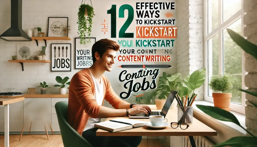 A young professional working on a laptop in a cozy, plant-filled workspace with motivational text and decor focused on content writing jobs.