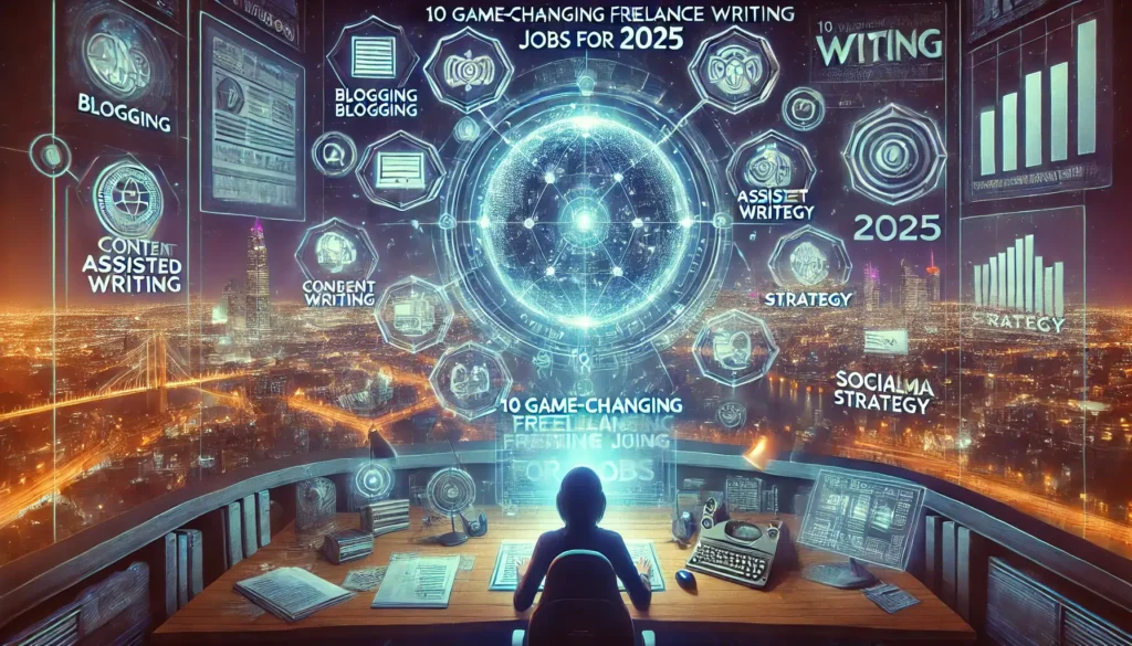 A modern workspace featuring a sleek laptop, a notebook with handwritten notes, a coffee cup, and a futuristic digital overlay representing emerging freelance writing jobs for 2025.