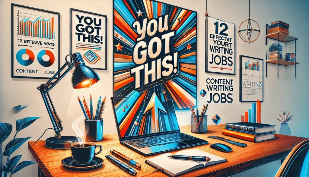 A motivational workspace featuring a laptop, notebooks, pens, and a cup of coffee, with bold wall art that includes the phrases "You Got This!" and "12 Effective Ways to Kickstart Your Content Writing Jobs.