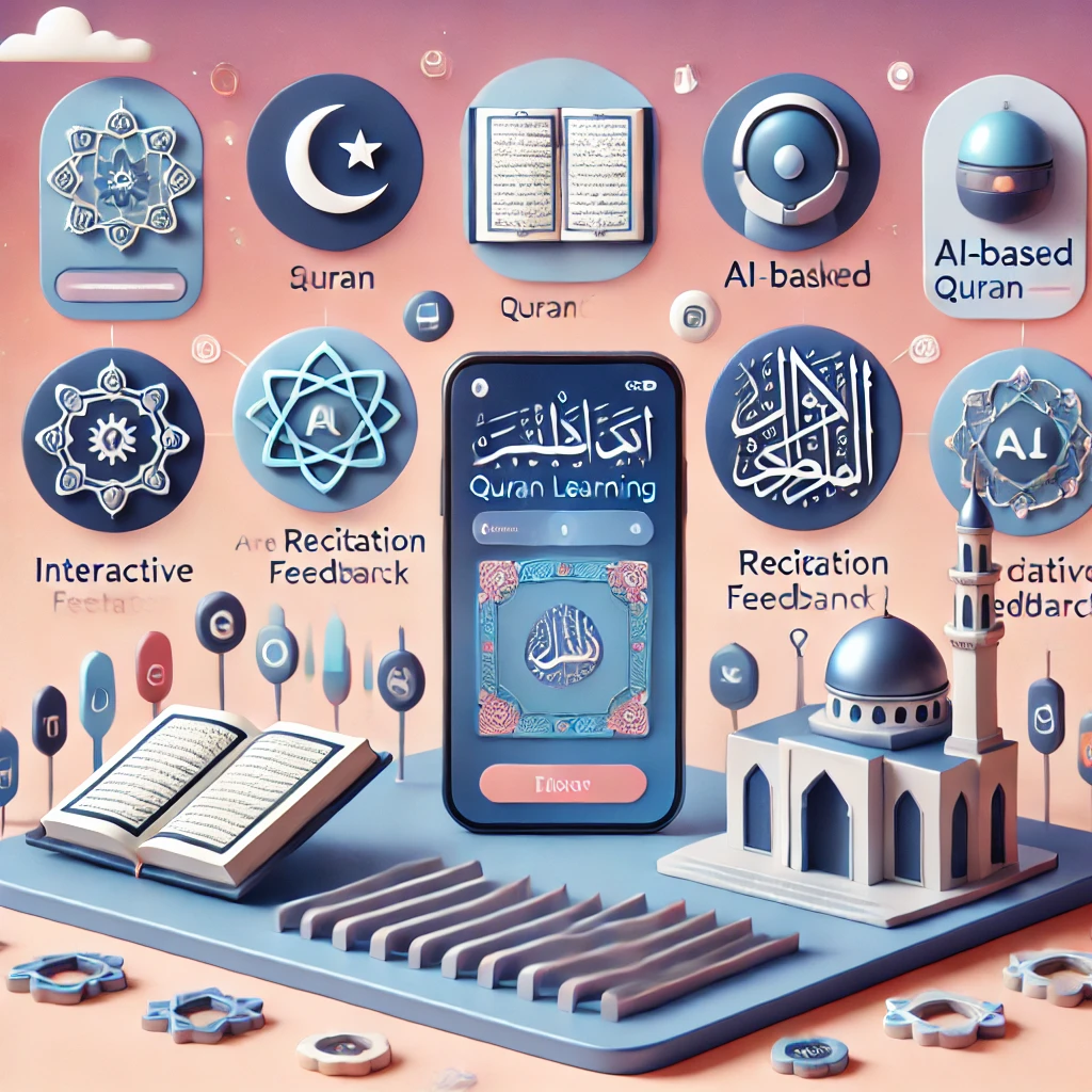 An illustration of digital tools for learning the Quran online, featuring a smartphone app interface with Quranic text.