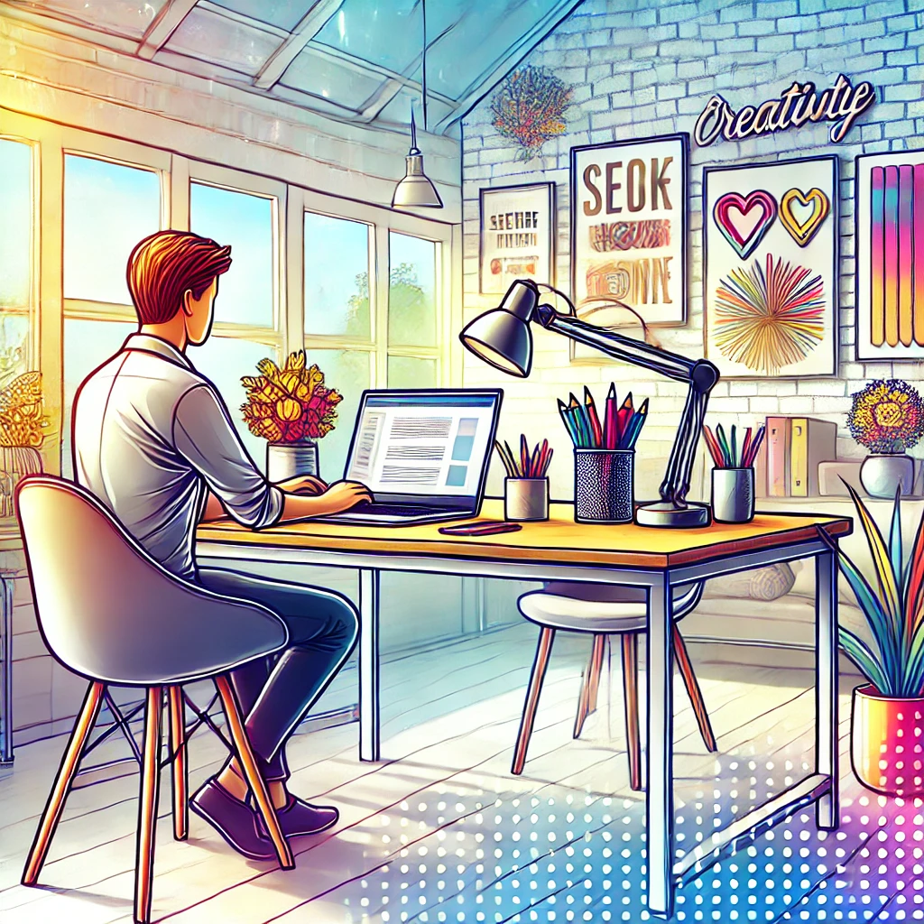 A person working on a laptop at a modern desk in a bright, stylish office.