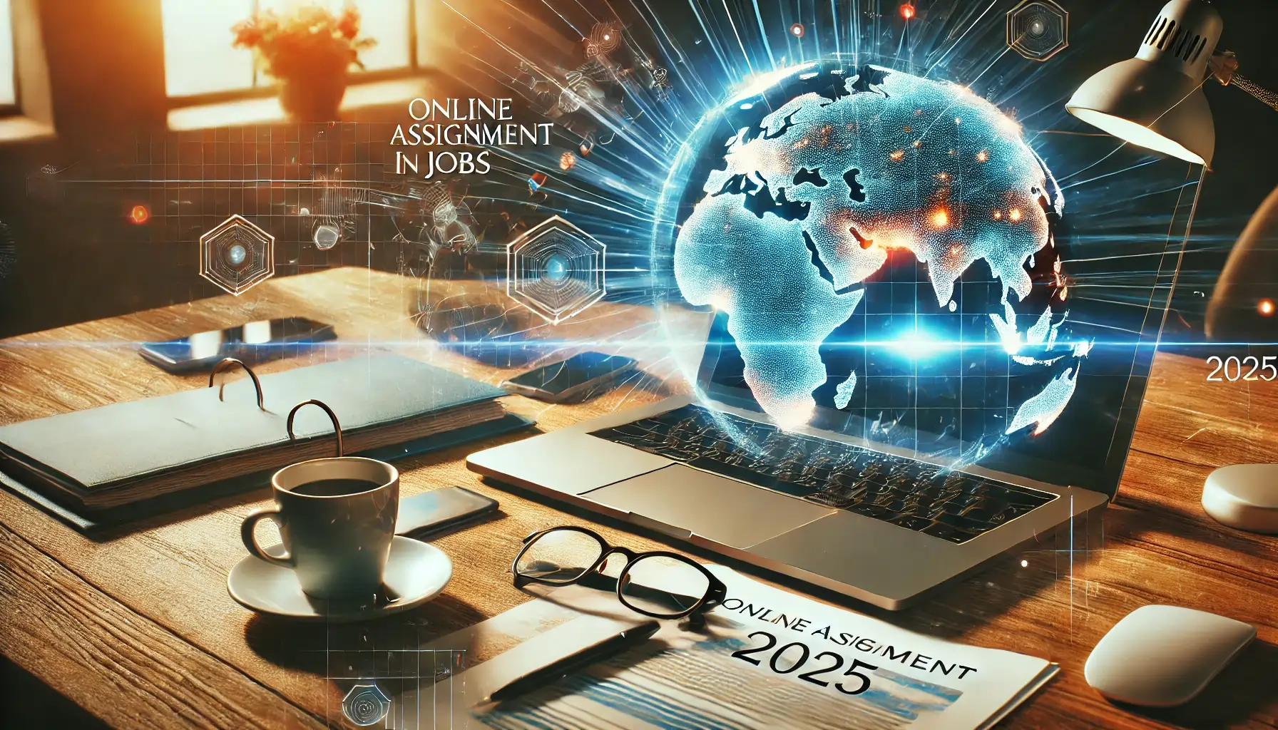 A modern workspace with a laptop, notebook, coffee cup, and a glowing digital globe representing global online assignment jobs in 2025.
