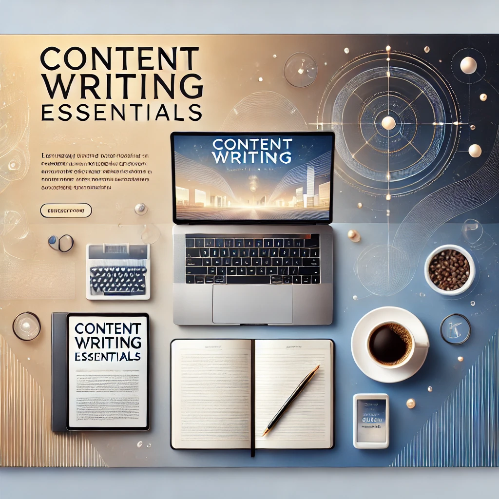 Content Writing Essentials blog header with a modern workspace setup, featuring a laptop, coffee cup, and notebook on a gradient background of blue, gold, white, and black