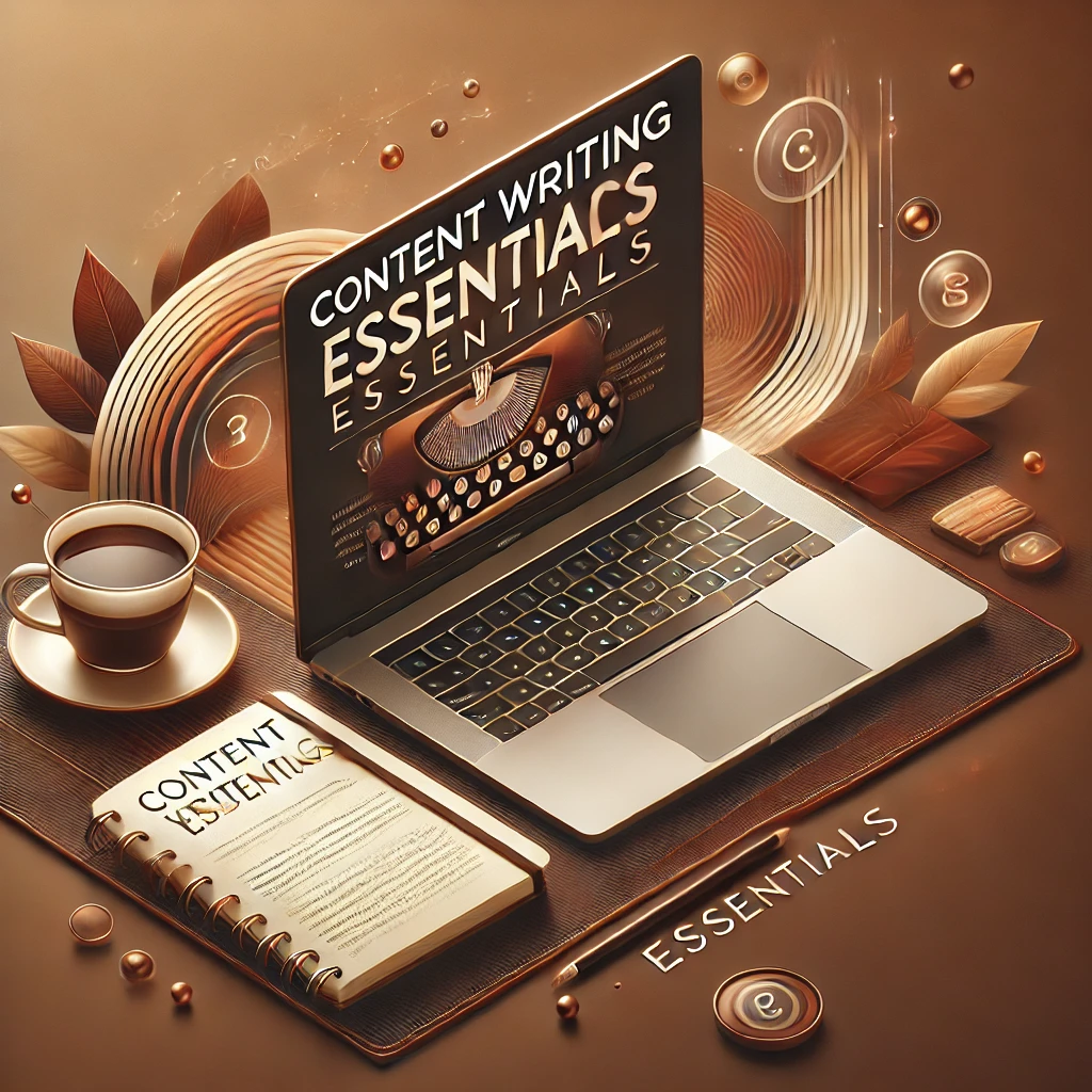 Content Writing Essentials blog header featuring a workspace setup with a laptop, coffee cup, and notebook on a warm brown gradient background