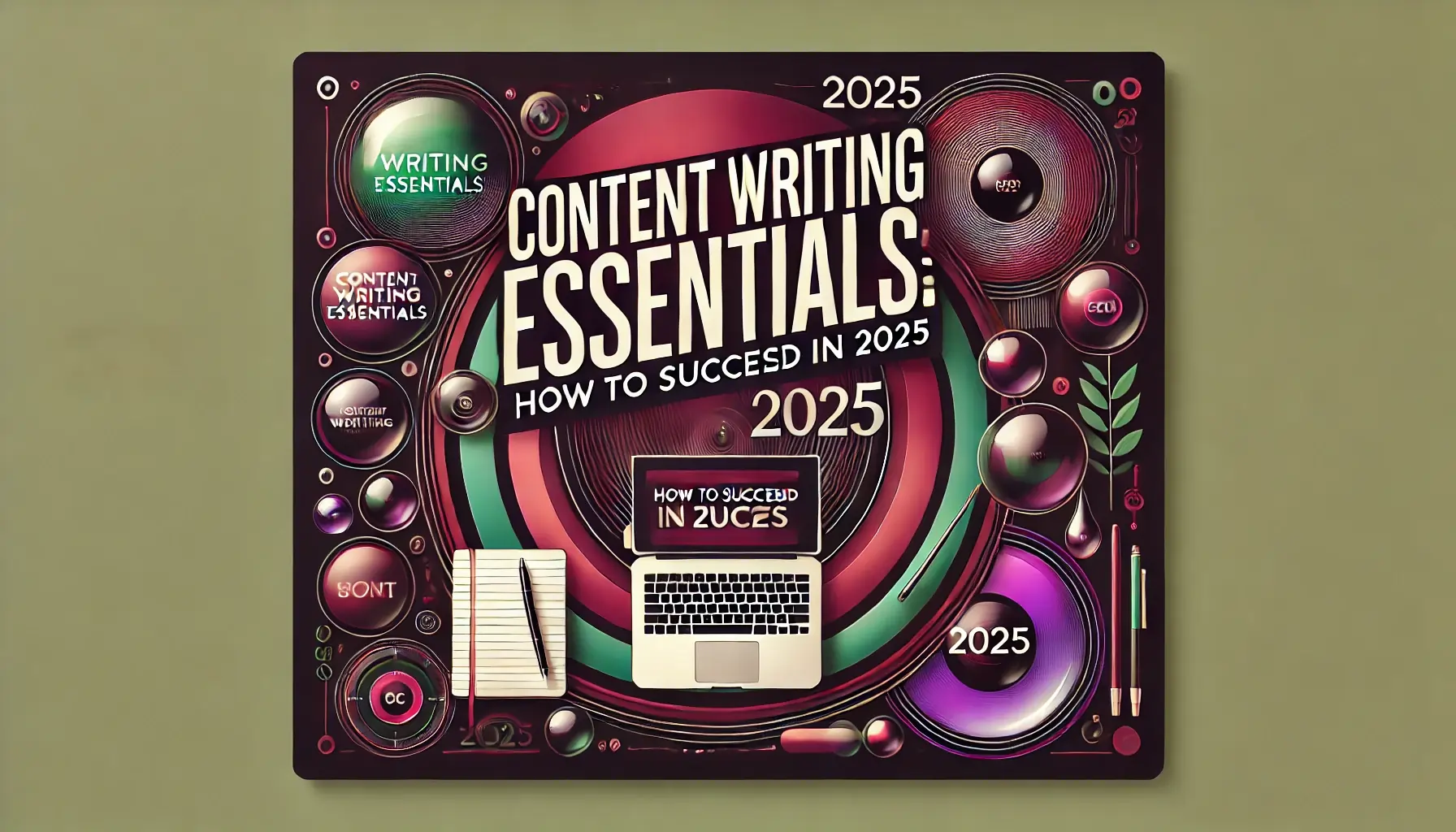 Content Writing Essentials: How to Succeed in 2025 - vibrant design with maroon, green, purple, and black gradient background