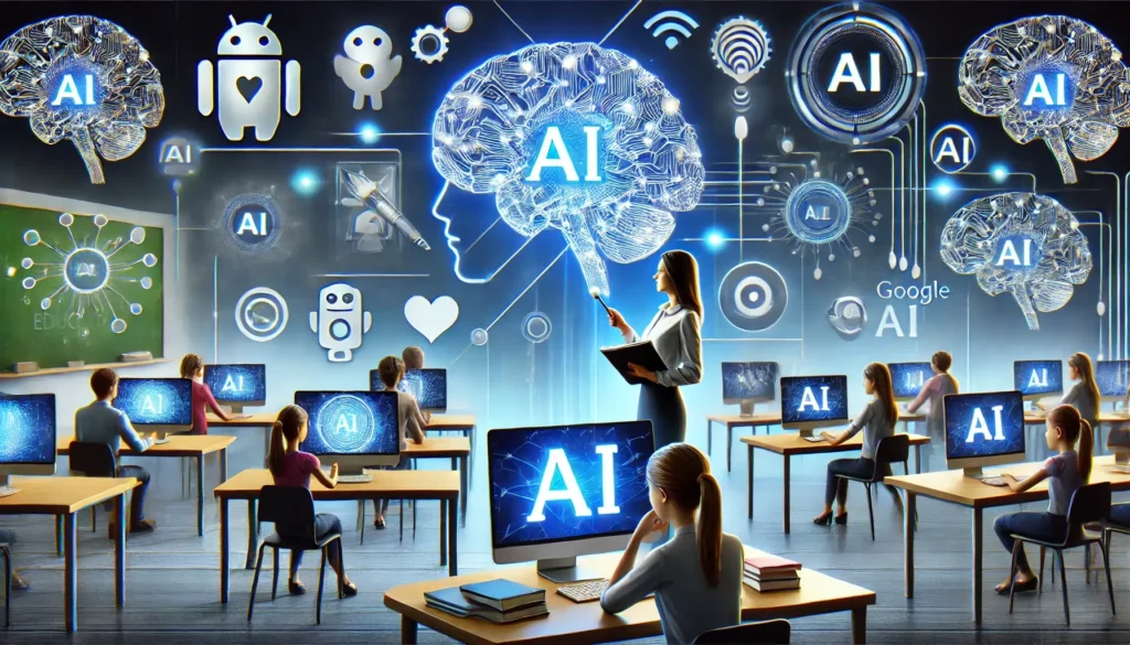 Teacher guiding students in a tech-driven classroom using Google AI tools and advanced AI concepts.