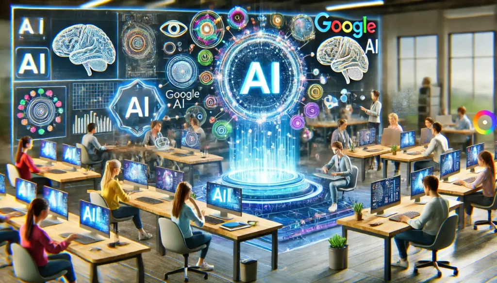 Modern classroom with students and teachers using AI technology from Google for advanced learning experiences.
