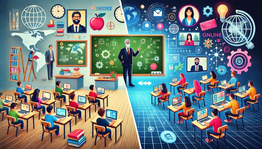 Illustration of teachers transitioning from traditional classrooms with chalkboards to modern virtual teaching using laptops and digital tools, symbolizing global education.