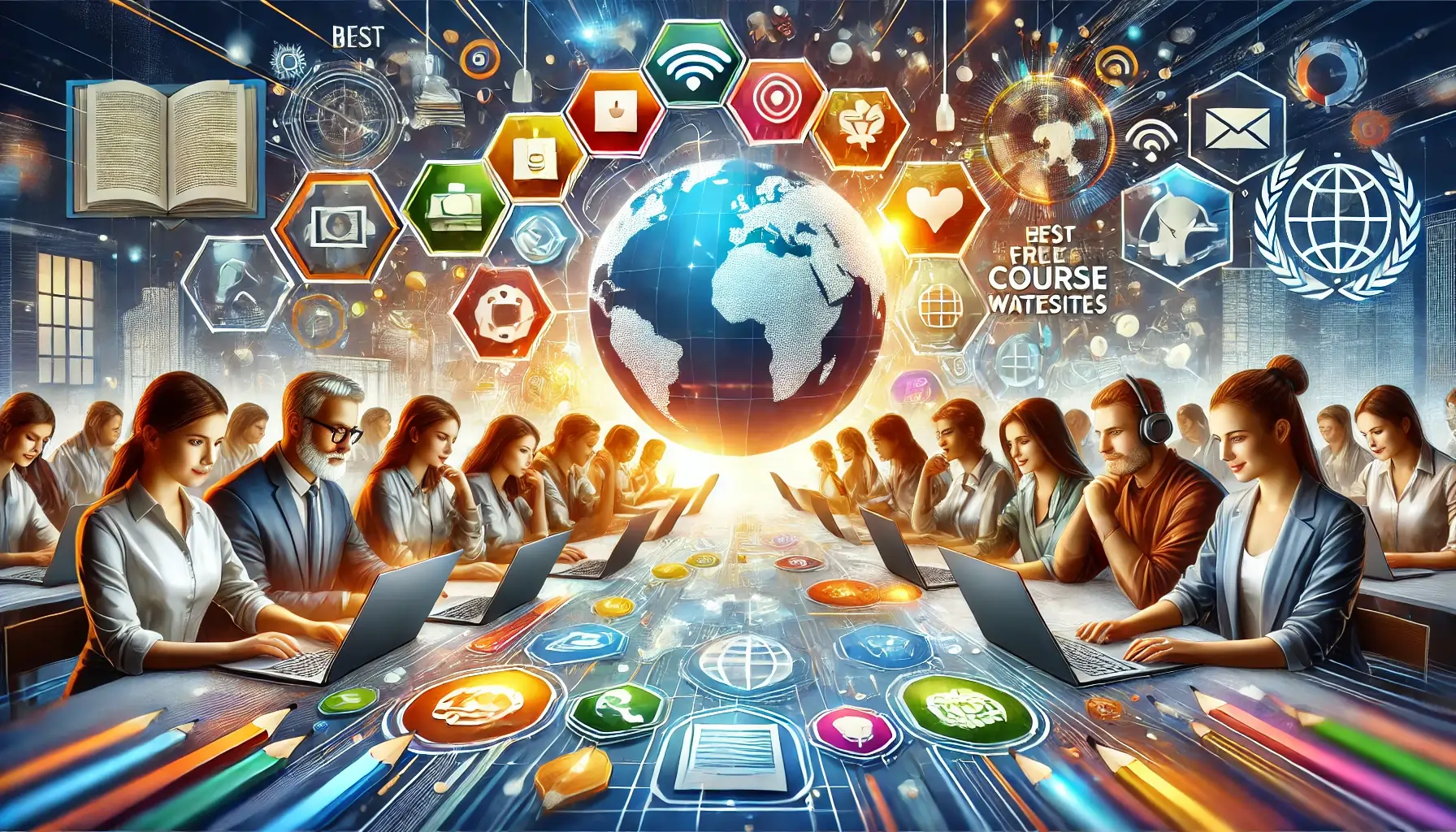 A futuristic digital classroom with teachers and students engaged in online learning, highlighting the best free course websites for educators transitioning to digital teaching.