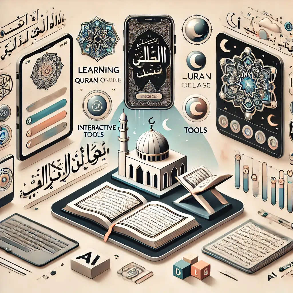 Collage of modern apps and websites for learning the Quran online.