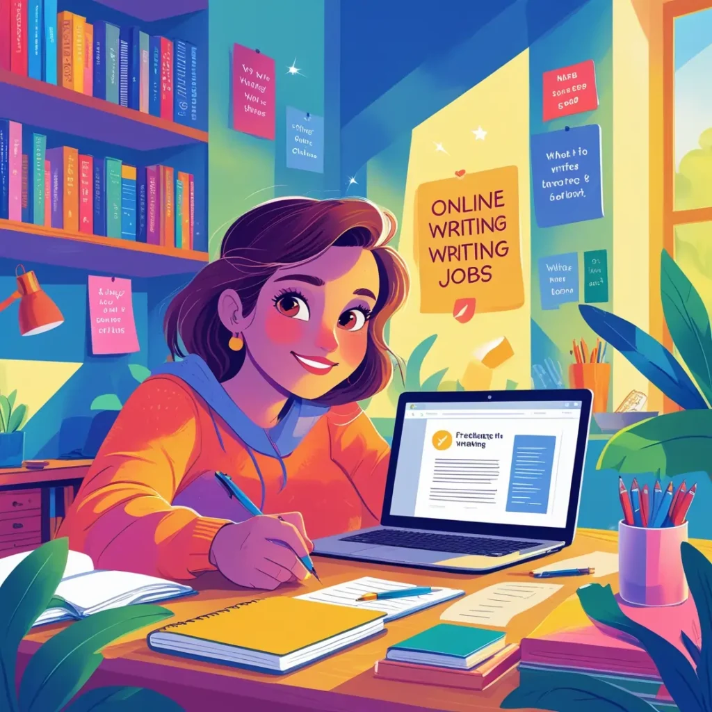 Illustration of a cheerful woman in a bright workspace, writing in a notebook with a laptop open displaying freelance writing job opportunities