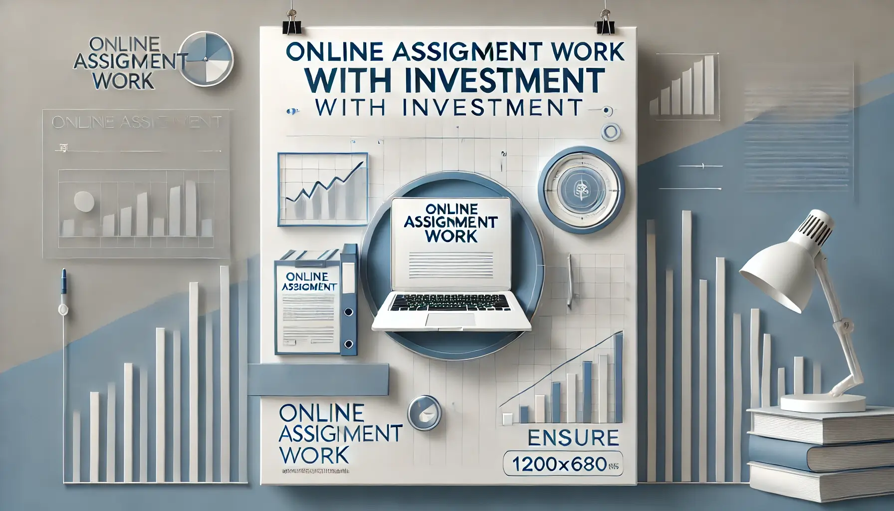 Banner for online assignment work with investment, featuring bold text, a laptop, books, and graphs on a clean blue and white background