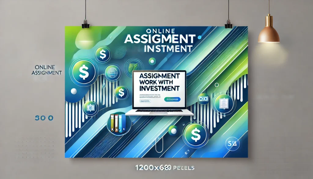 "Professional banner with the text 'Looking for online assignment writing work without investment?' featuring a modern design with books and a laptop.