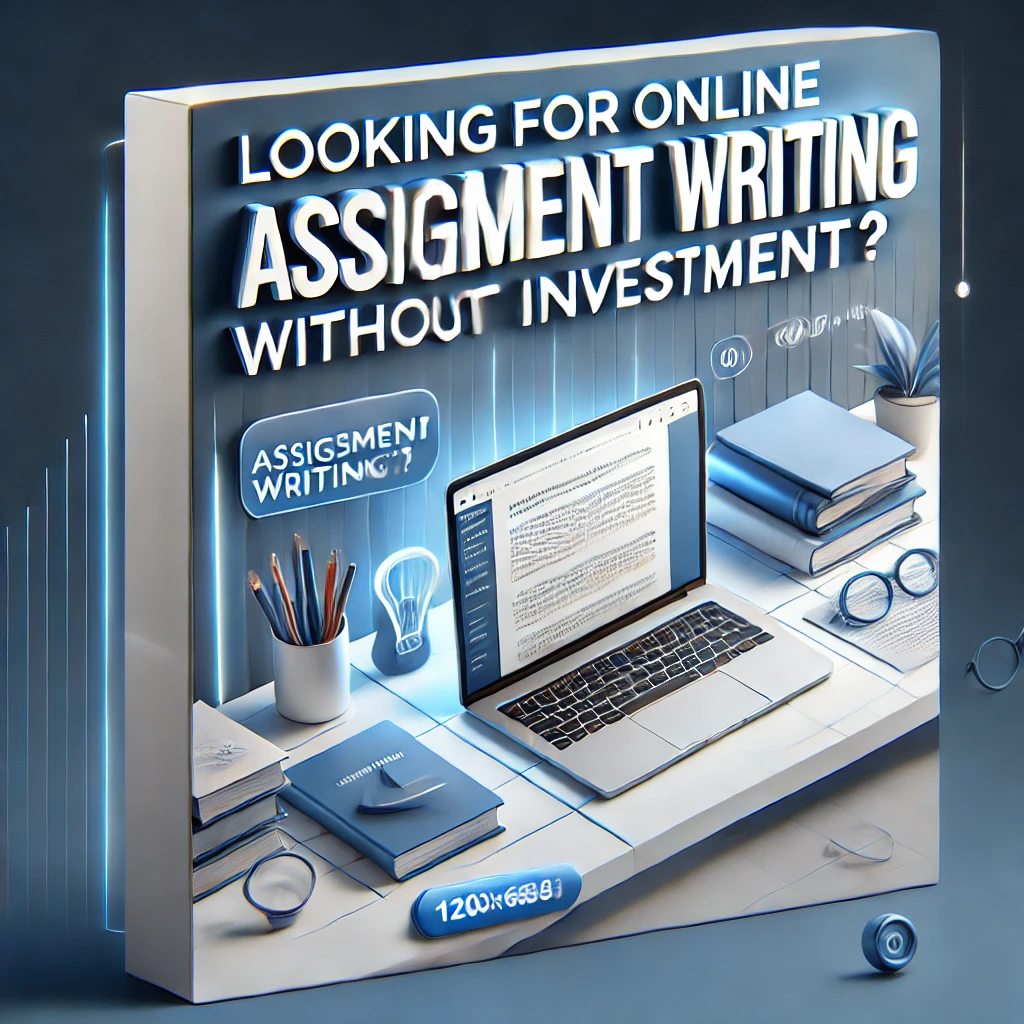 Banner reading 'Looking for online assignment writing work without investment?' with a sleek blue and white design featuring books and a laptop."