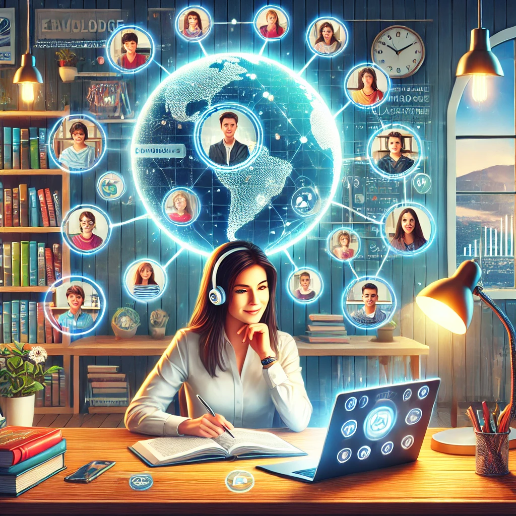 Illustration of an online tutor teaching students through a laptop, surrounded by educational tools like books
