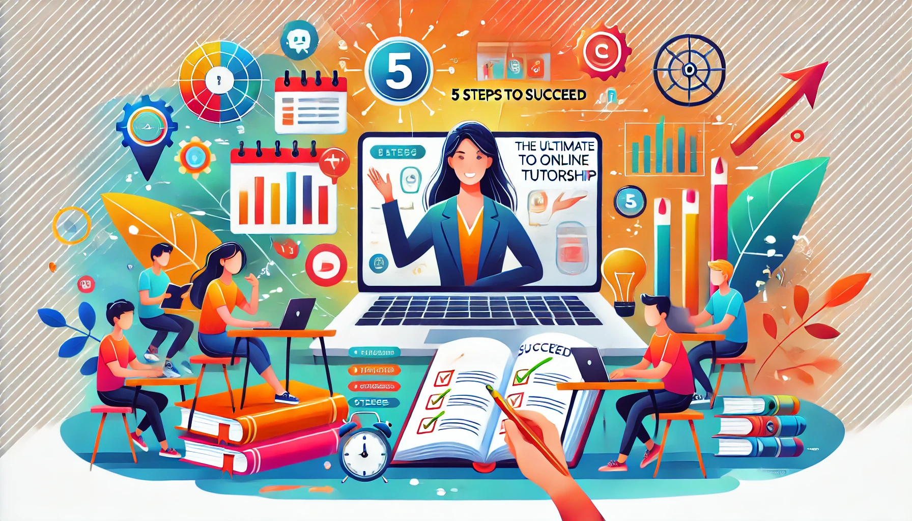 Teacher conducting an online class on a laptop, with digital learning icons in the background, representing online tutorship