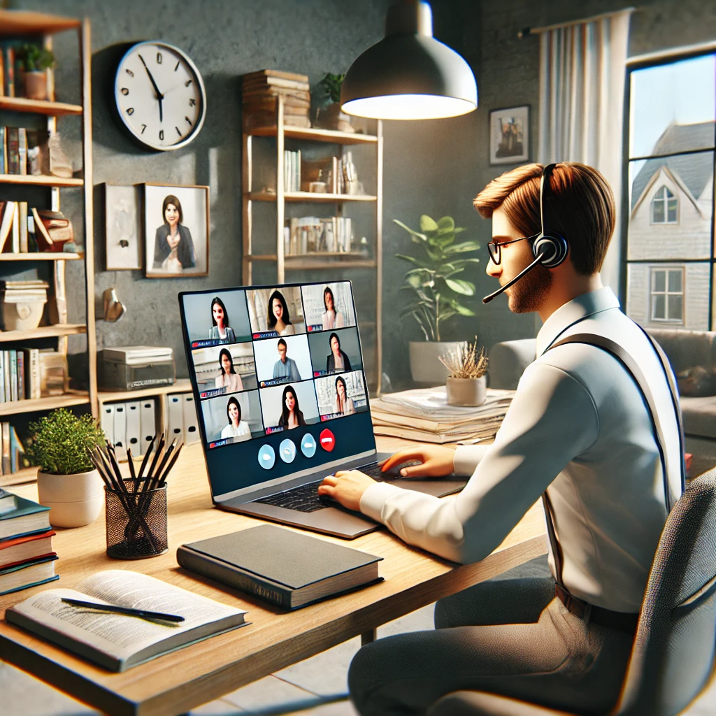 Online tutorship in a modern home office, teaching students via video call, surrounded by books and educational tools