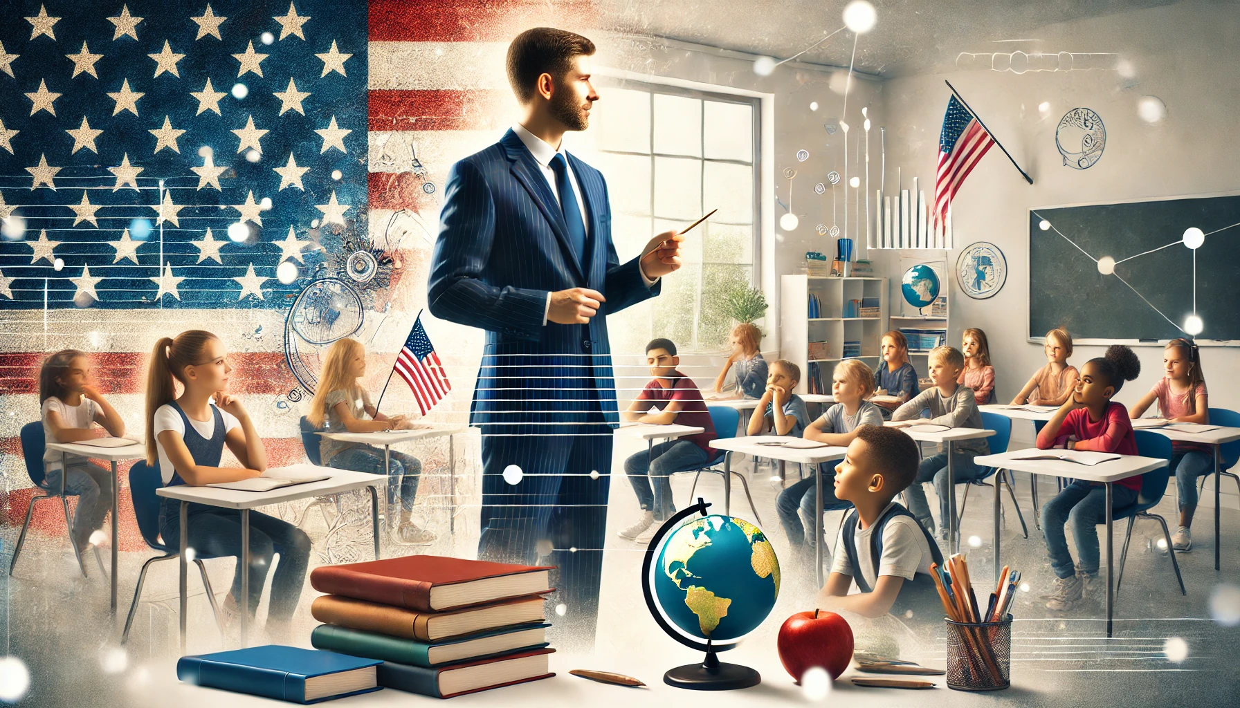 Teaching jobs in the USA: Teacher in a classroom with students and an American flag