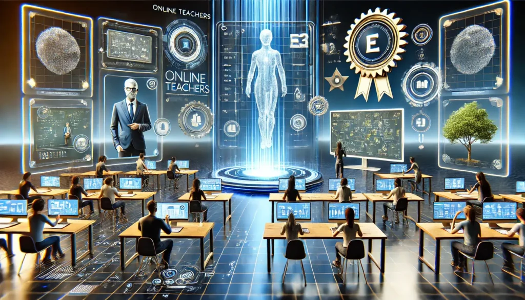 A futuristic digital illustration of online teachers competing in a high-tech virtual classroom, using holographic displays, AI assistants, and digital whiteboards