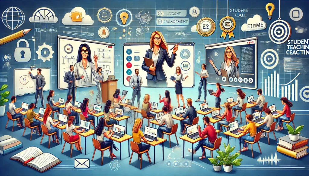 A vibrant digital illustration depicting a competitive online teaching environment, where educators showcase their skills using laptops, tablet.