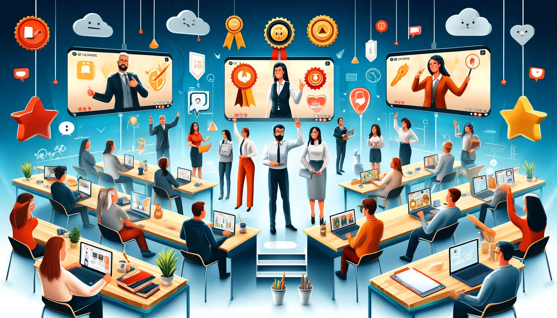 A high-energy digital illustration featuring online educators competing in a virtual classroom, using modern teaching tools like laptops, tablets.