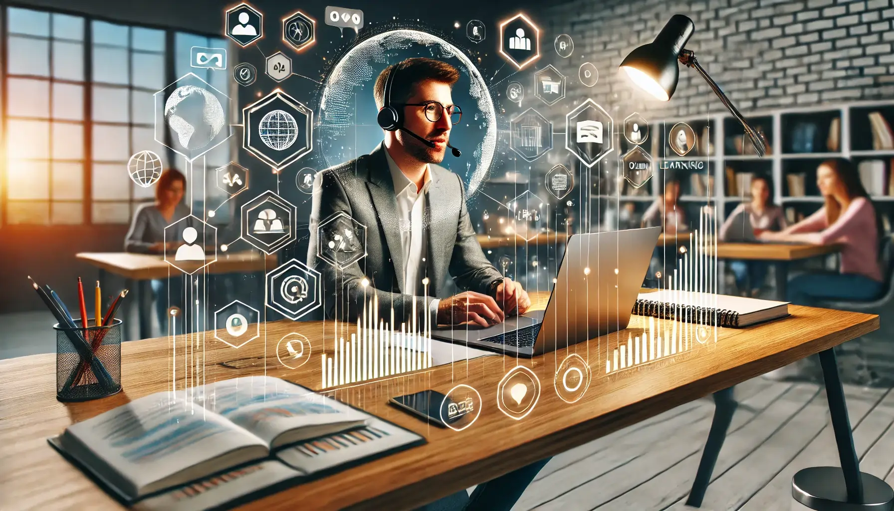 A digital illustration of vacancy of online tutor at a sleek desk with a laptop, webcam, and headset, actively engaging in a virtual class