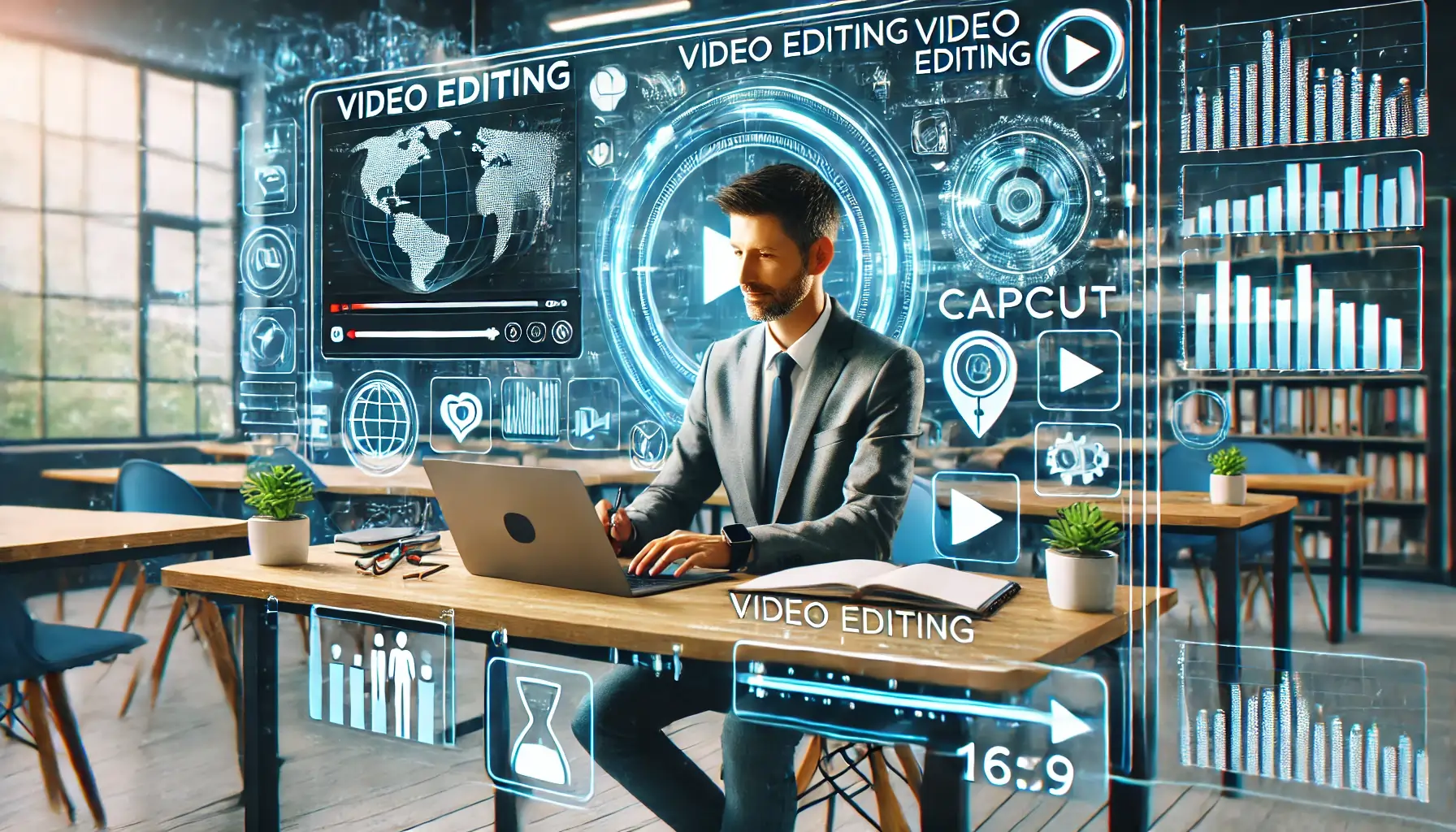 A modern teacher editing videos on a laptop with CapCut, surrounded by holographic educational icons in a futuristic classroom.