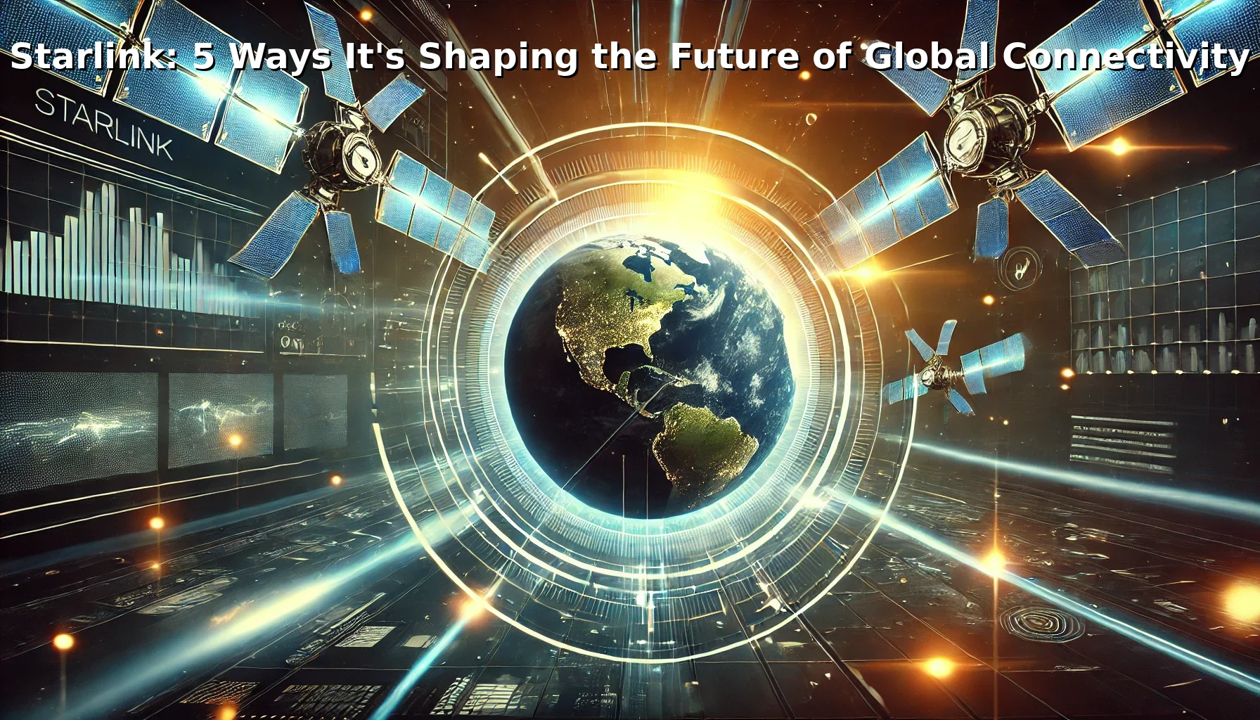 A futuristic digital artwork showcasing Starlink satellites orbiting Earth, with glowing data connections representing global connectivity.