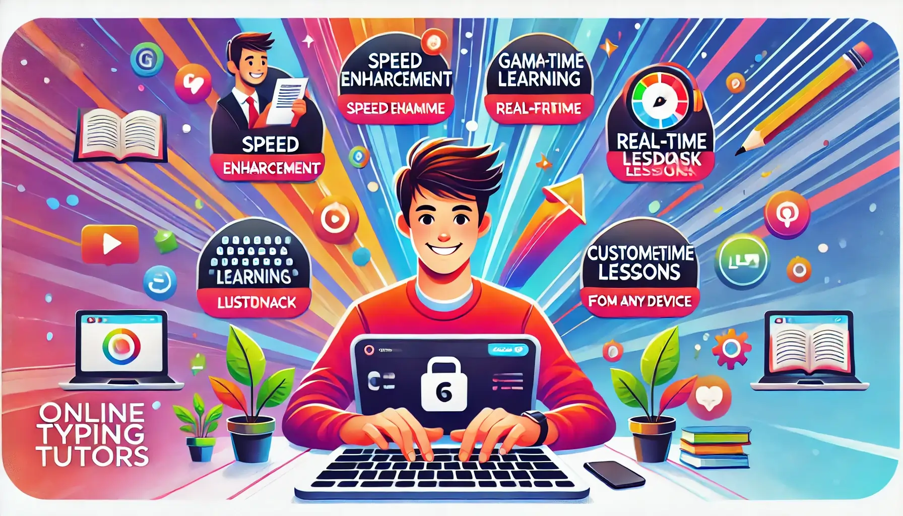A cheerful student typing on a laptop, surrounded by colorful floating icons representing speed improvement, gamified learning.