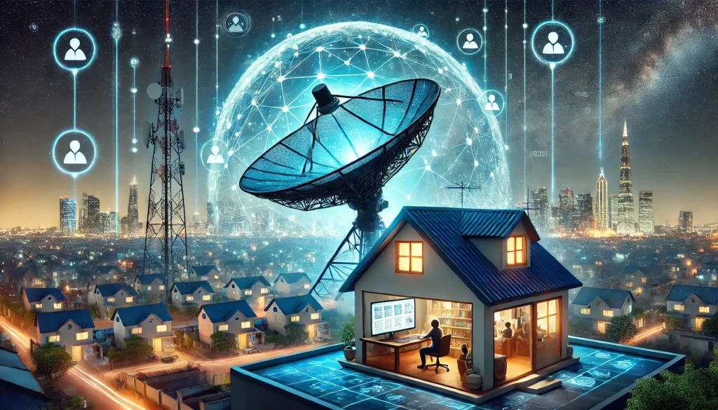 A Starlink satellite dish on a rooftop in Pakistan, receiving high-speed signals under a starry night sky—bringing a revolution in online education.