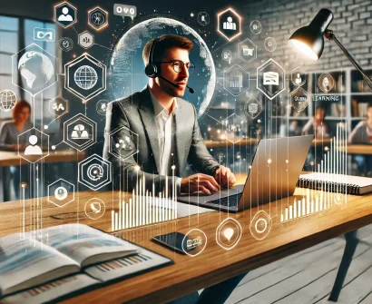 A digital illustration of vacancy of online tutor at a sleek desk with a laptop, webcam, and headset, actively engaging in a virtual class