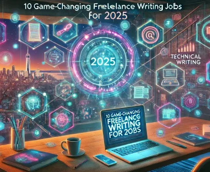 A modern workspace featuring a sleek laptop, a notebook with handwritten notes, a coffee cup, and a futuristic digital overlay representing emerging freelance writing opportunities for 2025.
