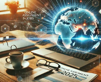 A modern workspace with a laptop, notebook, coffee cup, and a glowing digital globe representing global online assignment jobs in 2025.