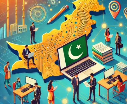 A laptop displaying the Pakistani flag, professionals working at desks, and symbols of connectivity and education, representing the rise of assignment writing jobs in Pakistan.