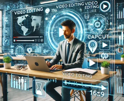 A modern teacher editing videos on a laptop with CapCut, surrounded by holographic educational icons in a futuristic classroom.