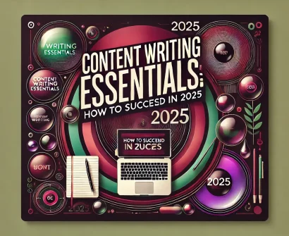 Content Writing Essentials: How to Succeed in 2025 - vibrant design with maroon, green, purple, and black gradient background