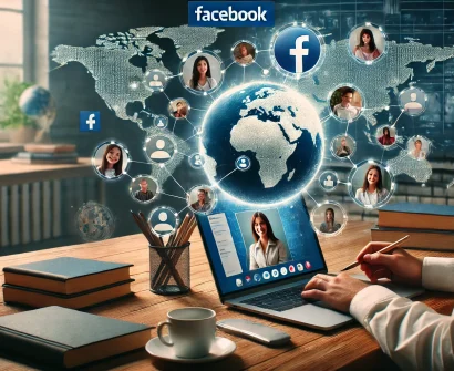 Teacher using Facebook on a laptop to connect with students globally, surrounded by teaching tools and a digital map in the background