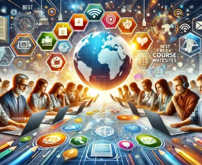 A futuristic digital classroom with teachers and students engaged in online learning, highlighting the best free course websites for educators transitioning to digital teaching.