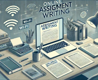 Student using an online assignment work website on a laptop, surrounded by study materials, showcasing digital academic support in 2024.