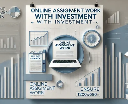 Banner for online assignment work with investment, featuring bold text, a laptop, books, and graphs on a clean blue and white background