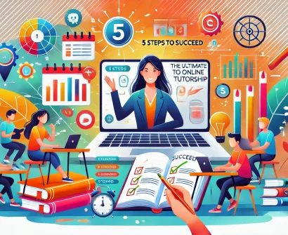 Teacher conducting an online class on a laptop, with digital learning icons in the background, representing online tutorship