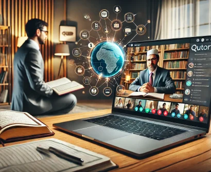 Online teacher using Qutor.com for a Quran session, symbolizing the shift from offline to online teaching.