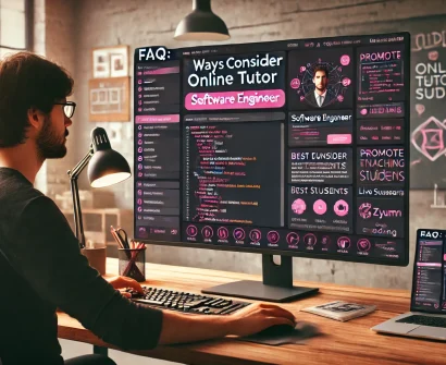 Software engineers coding collaboratively on computer screens in a modern office