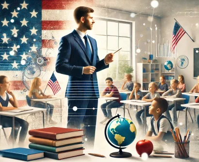 Teaching jobs in the USA: Teacher in a classroom with students and an American flag
